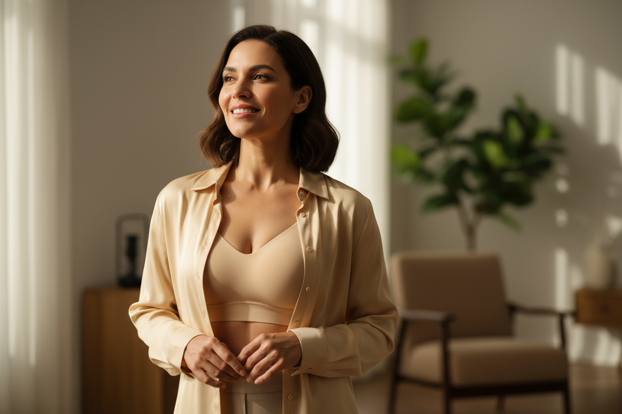 image femme portant le produit sous un vetement avec fierté