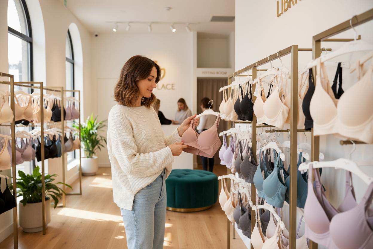une femme recherchant un soutien gorge sans armatures dans un magasin